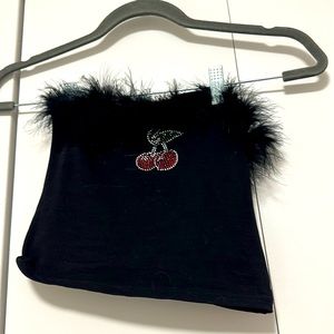Women Faux Fur Deco Corset Tank/Tube top with bedazzled cherries! Worn once!